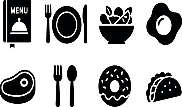 Comprehensive Food and Dining Icon Set Featuring Menu Book, Plate and Cutlery, Salad Bowl, Fried Egg, Steak, Fork and Spoon, Donut, and Taco for Restaurant Design and Menu Planning Illustrations