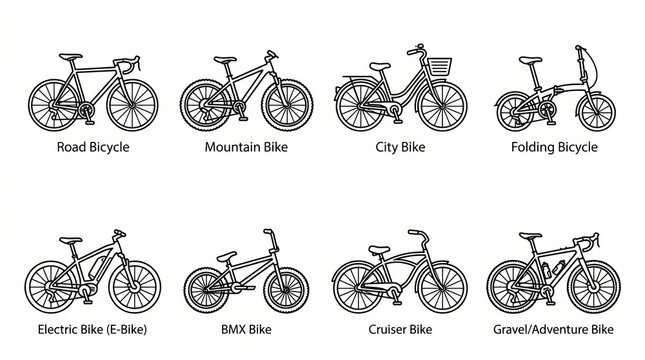 Collection of various bicycle types illustrated in black and white line art.