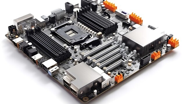 Close-up of Dark Gray Motherboard with Electronic Components and Connectors