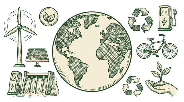 Sustainable world featuring green energy icons and renewable resource symbols surrounding planet earth globe in a creative vector illustration for environmental protection concept