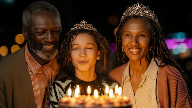 Three generation family birthday celebration with tiaras and chocolate cake and candles for candid night party background