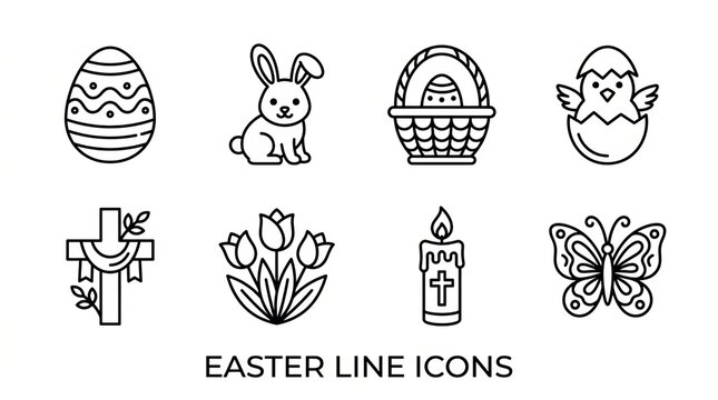 Charming Easter icons featuring eggs, bunny, chick, basket, cross, flowers, candle, and butterfly