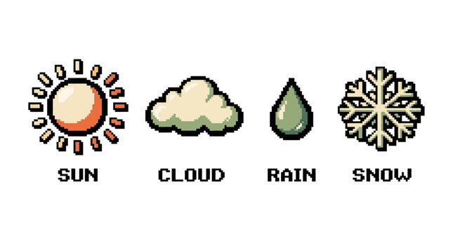 Retro pixel art weather icon collection featuring sun, cloud, raindrop, and snowflake symbols for gaming interface and digital forecast assets on white background.