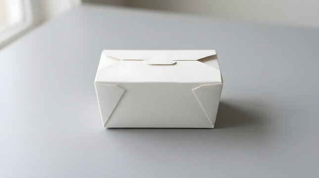 White takeout food box mockup on a neutral gray surface