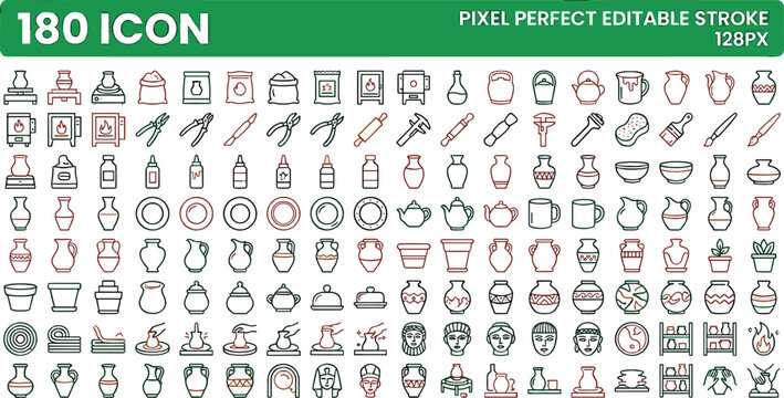Pottery and ceramics studio line icon set featuring clay crafting tools, handmade vases, plates, and ceramic workshop vector illustrations.