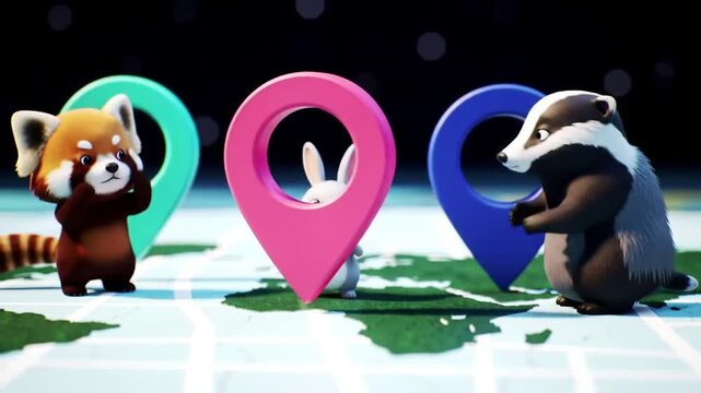 Red panda, rabbit, badger standing with location map pins.