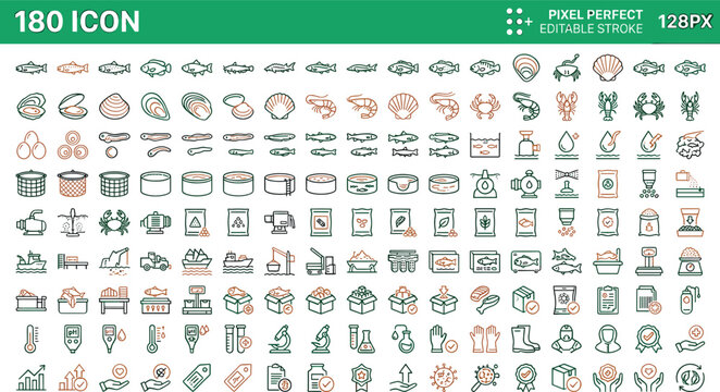 Seafood industry and fish farming line icon set for aquaculture commercial fishing marine production processing packaging transportation and market retail