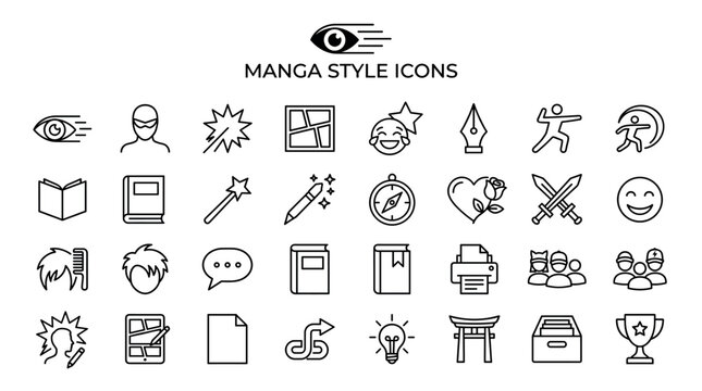 Manga style icons collection includes comic book symbols, stationery, characters, and action elements. Linear vector set for graphic design, publishing, or animation storytelling projects.