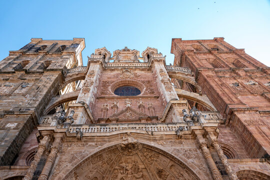 Low angle view of Astorga Cathedral facade in Le&oacute;n, Spain
