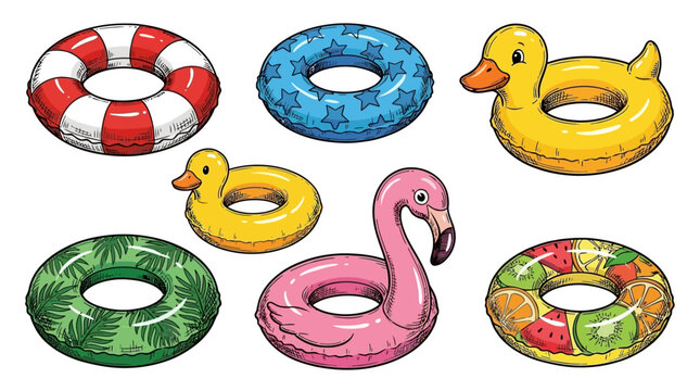 Vibrant collection of multicolored inflatable swim rings for pool fun and summer vacations, group of rubber lifebuoys isolated on a pure white background for graphic design and holiday projects.