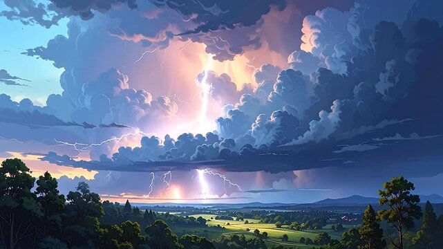 Dramatic lightning strikes over a lush green valley during a powerful summer storm