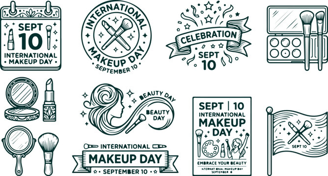 International makeup day celebration banner stamp badge calendar makeup brushes lipstick palette.