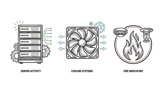 Comprehensive Collection of Sixty Vector Line Icons Illustrating Cloud Computing Server Activity Infrastructure Advanced Cooling Systems Fire Safety Alarms and Network Data Center Indicators