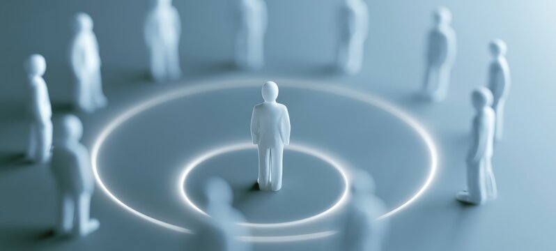 Supportive leadership and trust concept with faceless leader guiding a small team, symbolic corporate illustration representing psychological safety, teamwork, collaboration and inclusive workplace cu