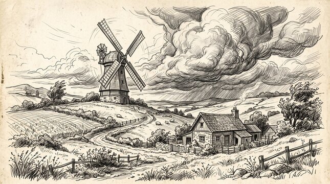 Vintage illustration of a country windmill and farmhouse under stormy skies with windmill farmhouse illustration countryside landscape architecture building dramatic pastoral engraving