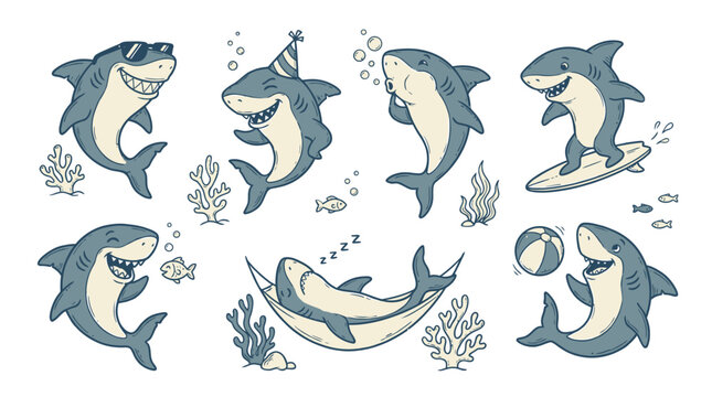 Comprehensive collection of 56 flat vector icons featuring playful cartoon sharks illustrating diverse emotional expressions, aquatic activities, and underwater sea life in a minimalist style.