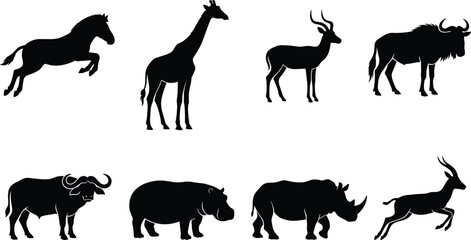 Wild Animal Silhouette Vector Collection Featuring Horse, Giraffe, Rhino, Buffalo and Safari Mammals © Its Butterfly
