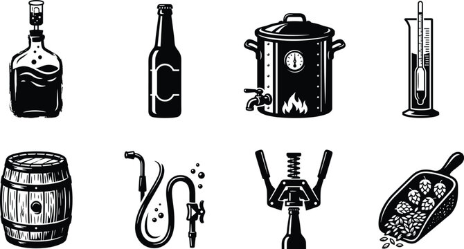 Black and White Home Brewing Equipment Silhouette Collection Featuring Fermentation Vessel, Beer Bottle, Kettle, Barrel, and Hops