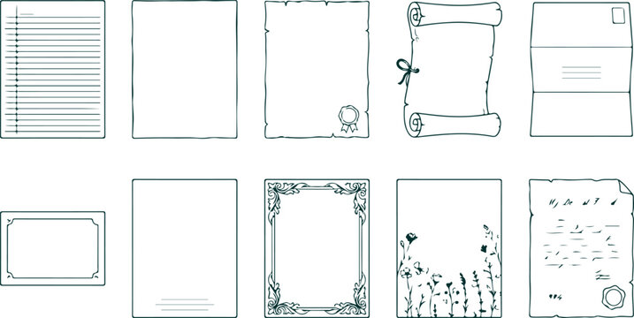 Collection of blank paper documents scrolls and decorative frames for text or design elements in various styles.