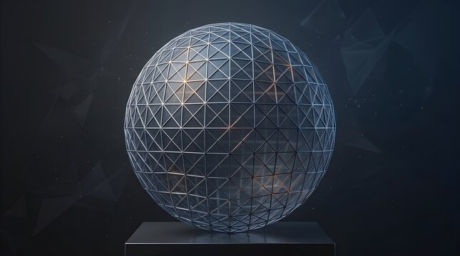 A large metallic wireframe sphere on a black pedestal against a dark background