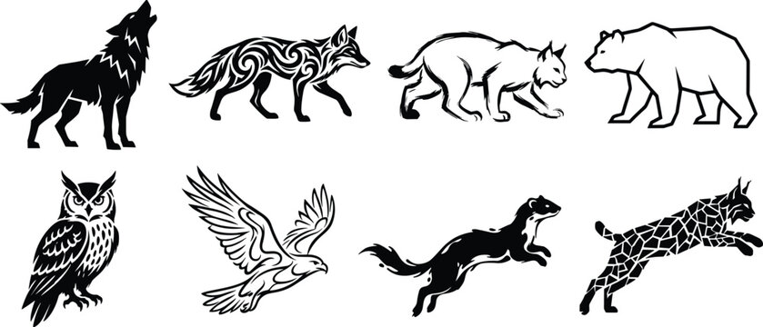Black and White Wild Animal Silhouette Collection Featuring Wolf, Fox, Lynx, Bear, Owl, Hawk, Weasel, and Bobcat