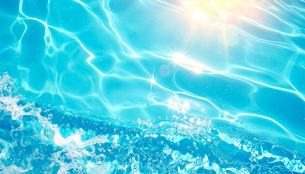 Crystal clear azure blue water surface with sun rays reflecting off the ripples, creating a sparkling and inviting swimming pool or ocean backdrop