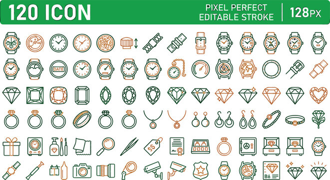 Luxury wristwatches diamond jewelry and gemstone outline icons mega set featuring precious rings necklaces appraisal tools vector elements bundle