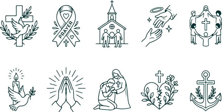 Christianity cross dove laurel wreath prayer ribbon church helping hands shield and praying hands symbols.