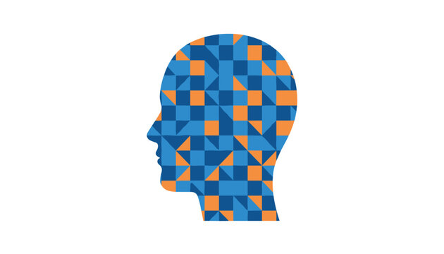Human head silhouette filled with a mosaic pattern of blue and orange triangles and squares symbolizing complex thought or data architecture.