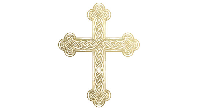 Detailed Golden Christian Cross with Intricate Interwoven Line, Elaborate Ornate Filigree Pattern, and Luxurious Decorative Metallic Finish for Spiritual Faith and Religious Concept.