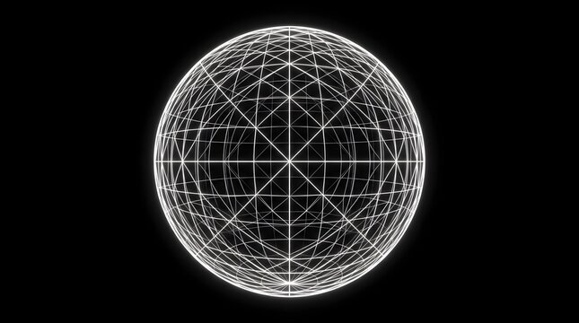 Glowing white wireframe sphere on black background with geometric lines