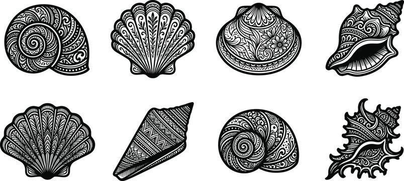 Detailed Black and White Seashell Silhouette Collection with Ornamental Patterns and Decorative Ocean-Inspired Illustrations