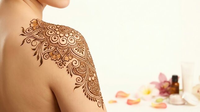 Elegant Elegant henna tattoo on a woman's shoulder Commercial stock content with high detail versatile creative asset for branding marketing advertising digital publishing premium visual resource