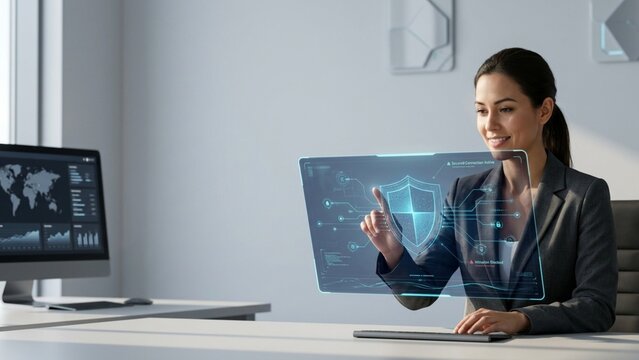 Cybersecurity Concept: professional businesswoman interacting with a digital holographic shield interface to protect network data and secure server connections in a modern office environment.