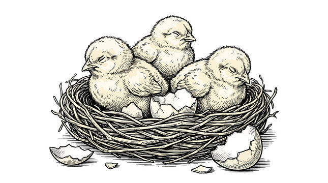 Adorable group of newborn yellow fluffy baby chicks huddled together resting inside a rustic straw nest with broken cracked eggshell pieces isolated on white background. Fresh hatched poultry.