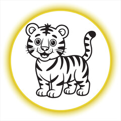 Fototapeta premium Cartoon tiger vector coloring page isolated on white background, Cute little tiger character line art for children, Black and white tiger cub coloring page vector