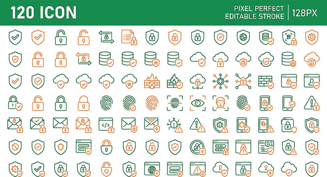 Cyber security and data protection line icons set with shields padlocks cloud network firewall and biometrics vector web symbols