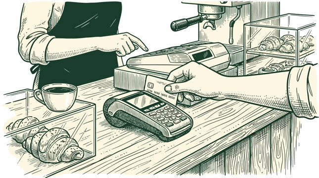 Modern customer processing a secure electronic payment transaction with a credit card at a contemporary coffee shop service counter, studio shot isolated on white background.