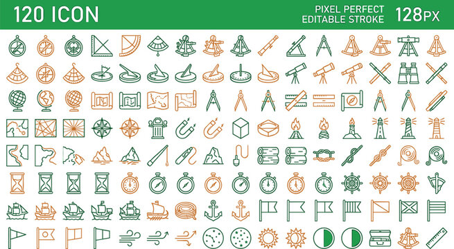 Navigation and nautical vintage line icons set with compass maps lighthouse telescope marine ships and geography tools vector symbols design