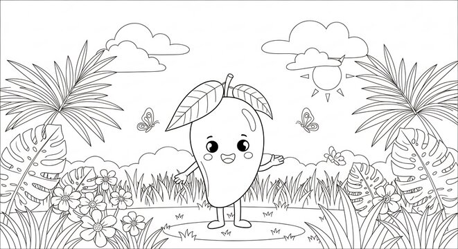 A cute cartoon mango character standing in a tropical garden with palm trees and flowers isolated on white background