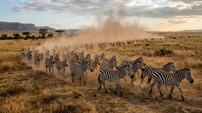 Herd of zebras running through savannah landscape with dust cloud