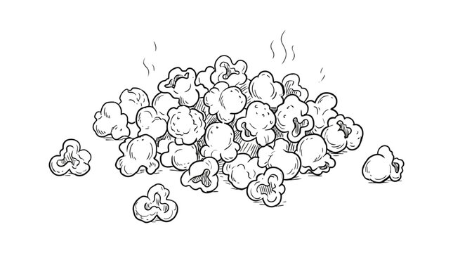Minimalist line art drawing of crunchy popped popcorn kernels group, elegant snack graphic design for cinema theater entertainment and food catering concept on clean isolated background.