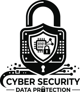 Cyber security and data protection vector icon with a black padlock shield microchip binary code and digital circuit lines for network safety illustration