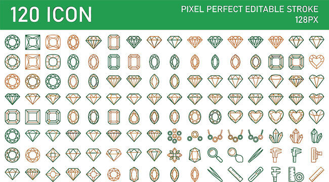 Diamond shapes and gemstone cuts line icons set with crystals luxury jewelry tools vectors for precious stone workshop design