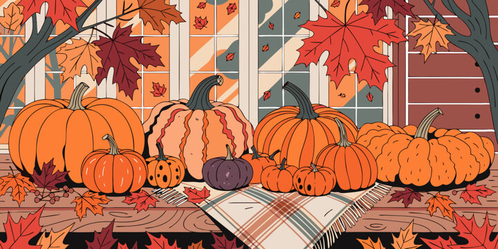 Autumn scene with pumpkins and fall leaves on a porch with a plaid blanket pumpkins seasonal illustration