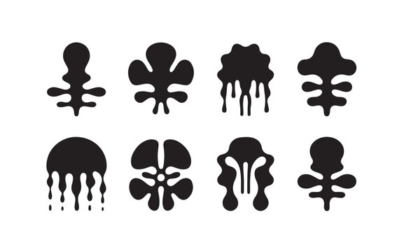Symmetrical black ink blot shapes set for rorschach test on transparent background vector.