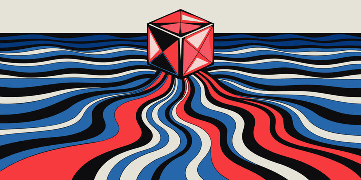 Abstract geometric red and black cube on a colorful wave background with wave pattern digital art graphic design abstract geometric background illustration colorful contemporary illustrative