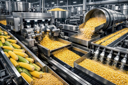 Cutting edge corn processing facility with automated production equipment sorting fresh maize kernels on advanced industrial manufacturing line