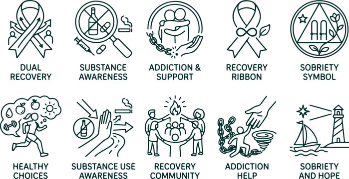 Addiction recovery and support icons for overcoming challenges and building community line art.