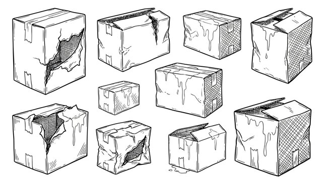 Collection of ten damaged brown cardboard boxes featuring various tears, dents, and water leak stains, ruined packaging material for logistics and shipping, isolated on white background.